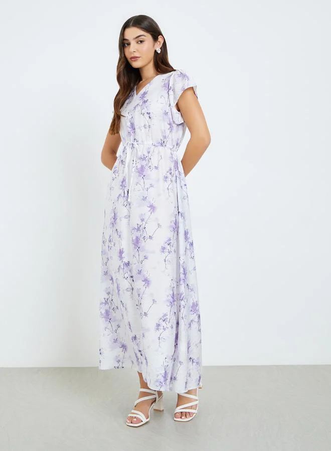 Styli Women Lilac Floral Print Short Sleeves Maxi Dress